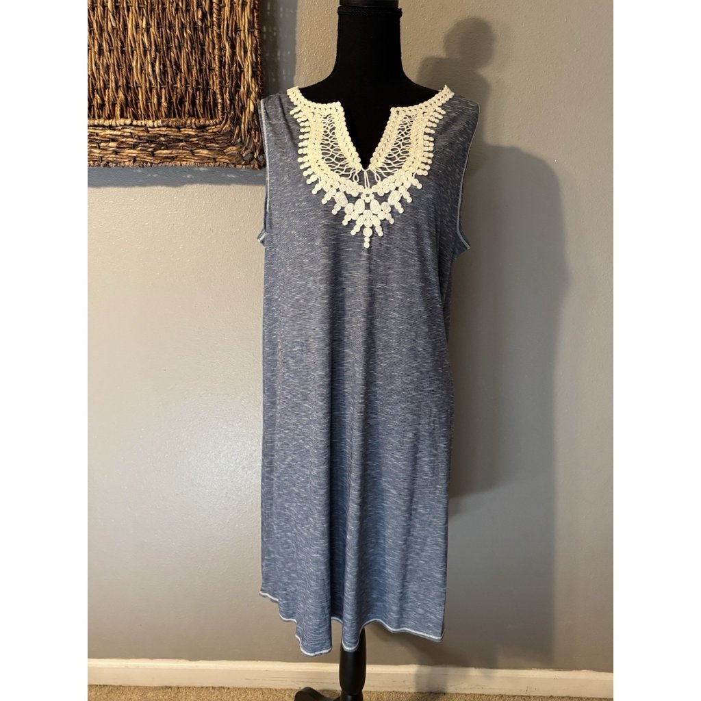 Max Stuidio Dress 1x Blue White Crochet Trim Sleeveless Stretch Washable New